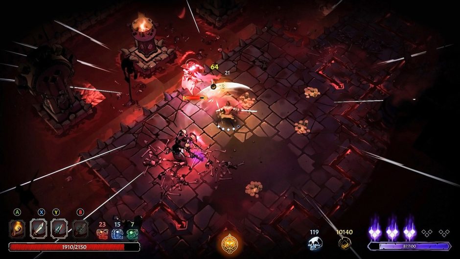 "Curse of the Dead Gods" ist ein Action-Roguelike aus der Iso-Perspektive: Metzelt euch durch mit Fallen vollgestopfte Tempelanlagen und schlagt euch mit fiesen Flüchen herum. (Steam-Link) Foto: Focus Home Interactive